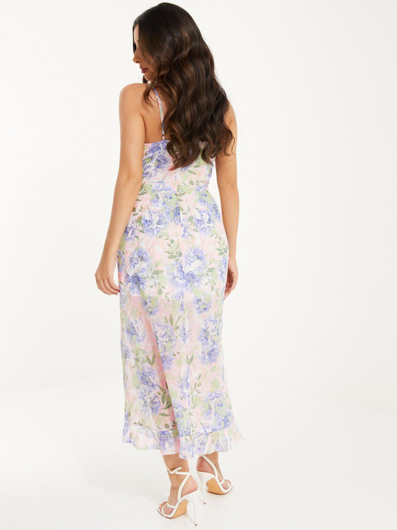 Petite Floral Frill Neck Midi Dress in Lilac