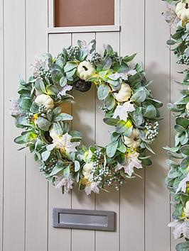Product photograph of Very Home 60 Cm Led Wreath With Frosted Leaves Berries And Pumpkins from very.co.uk