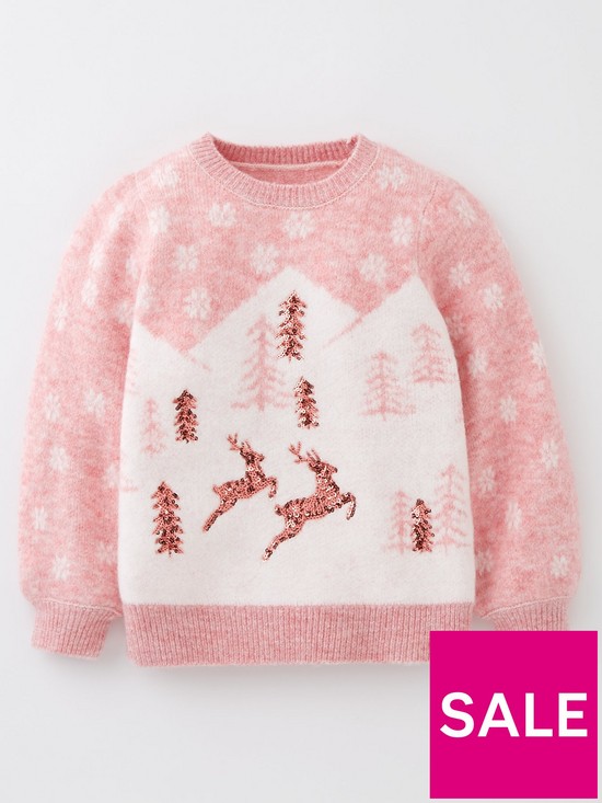 front image of mini-v-by-very-girls-family-mini-me-mountain-and-reindeer-christmas-jumper--nbsppink