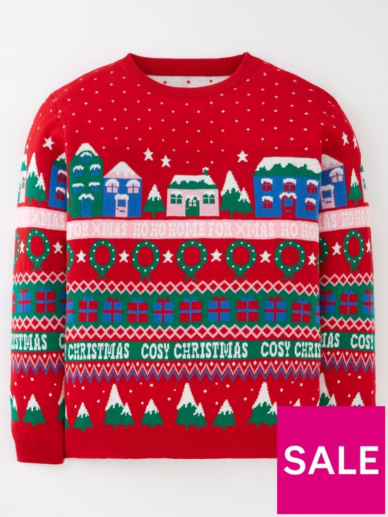 front image of mini-v-by-very-girls-family-novelty-fair-isle-christmas-jumper-red