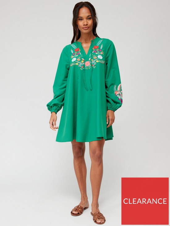 front image of v-by-very-long-sleeve-embroidered-mini-dress-green