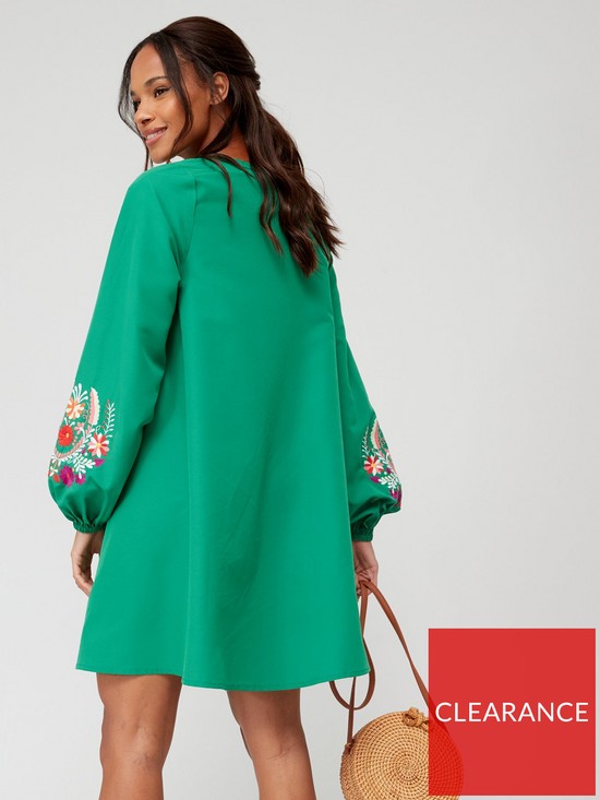 stillFront image of v-by-very-long-sleeve-embroidered-mini-dress-green