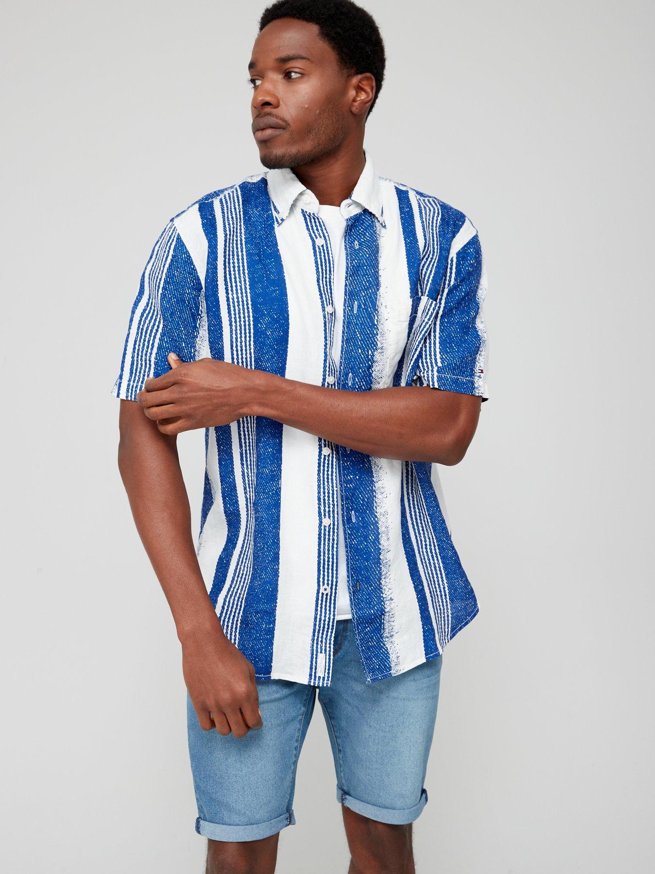 Hand Painted Short Sleeve Stripe Shirt - White/Blue