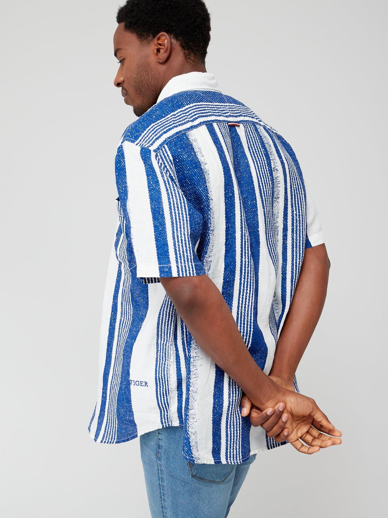 Hand Painted Short Sleeve Stripe Shirt - White/Blue