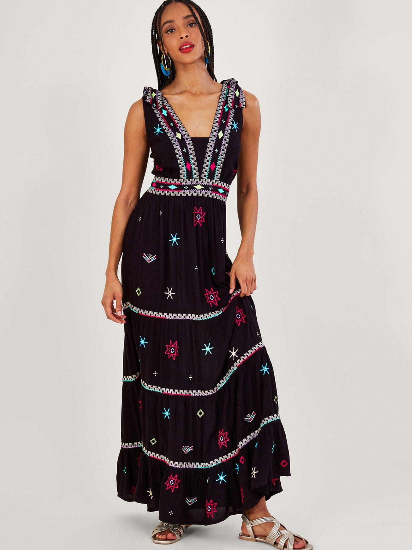 Long black hotsell embroidered dress