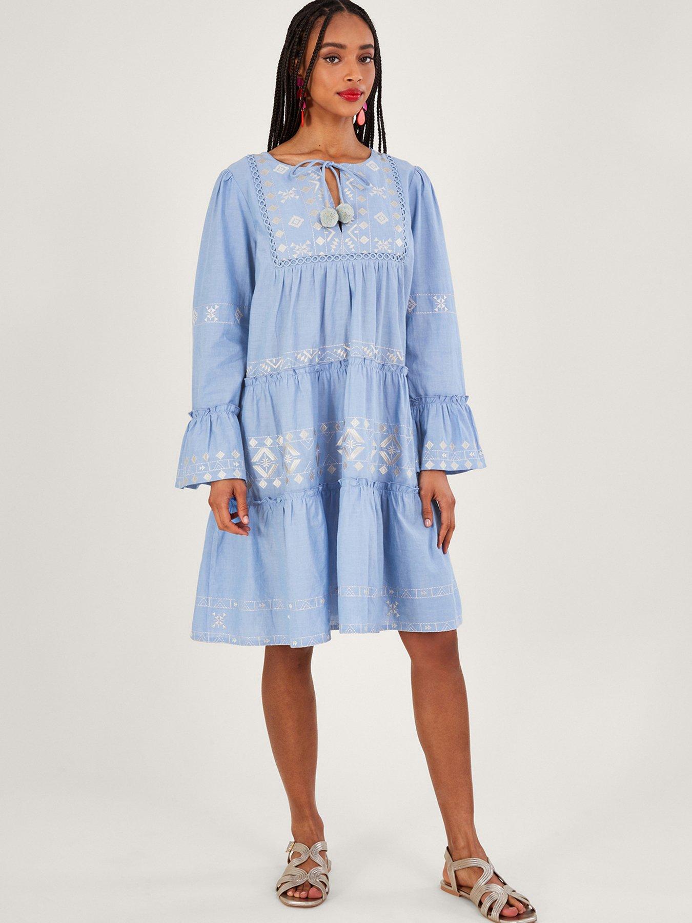 Monsoon Embroidered Tiered Dress - Blue | very.co.uk