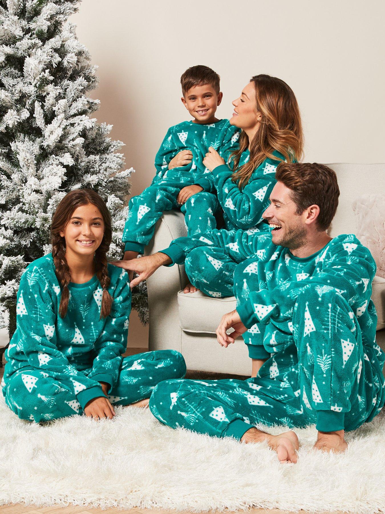 Mens Family Christmas Fleece Tree Print Mini Me Christmas Pyjamas - Green