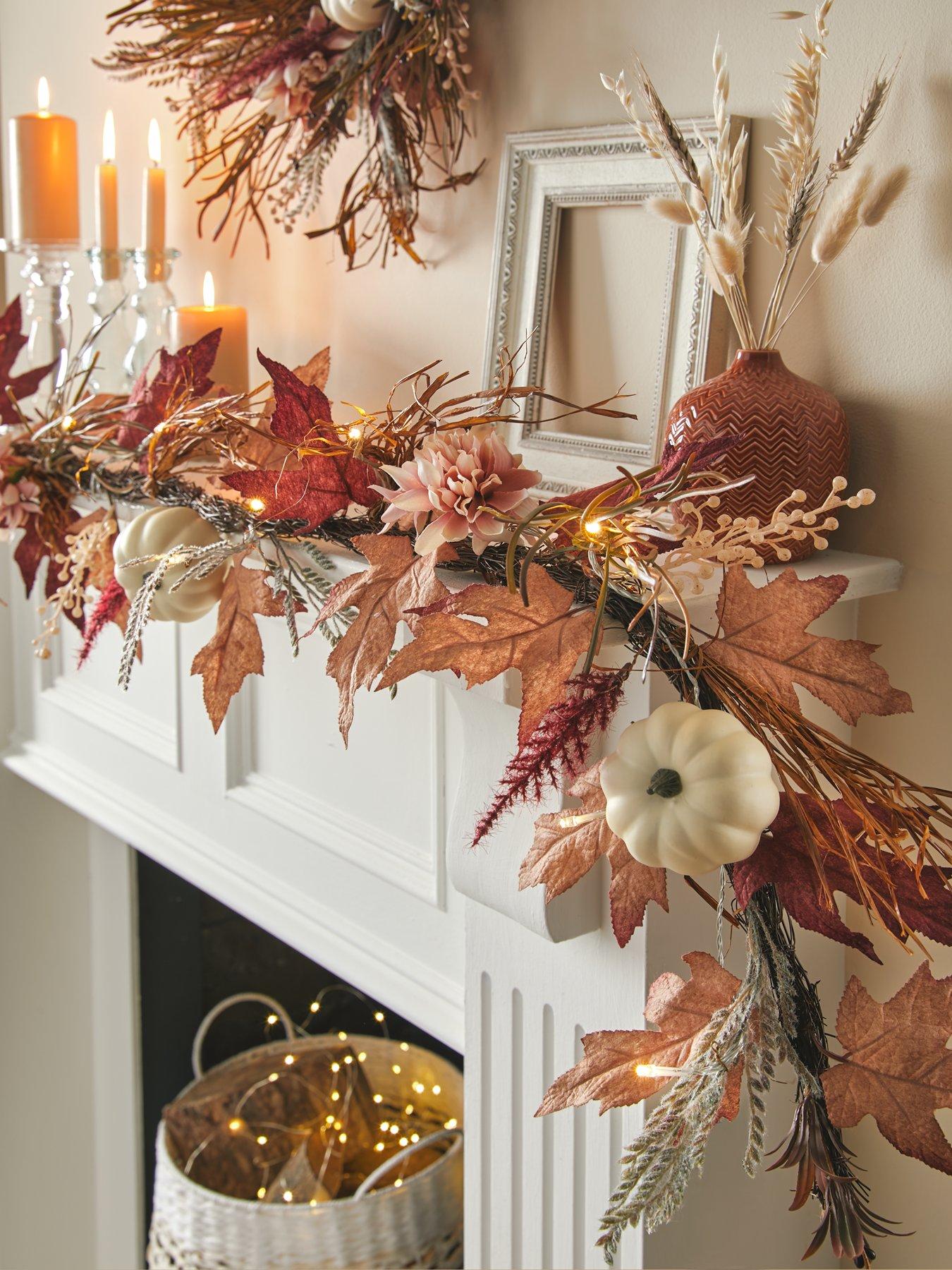 Very Home Lit Autumn Garland with Grasses, Pink Flowers and