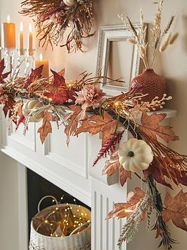 Product photograph of Very Home Lit Autumn Garland With Grasses Pink Flowers And Pumpkins - 6ft from very.co.uk