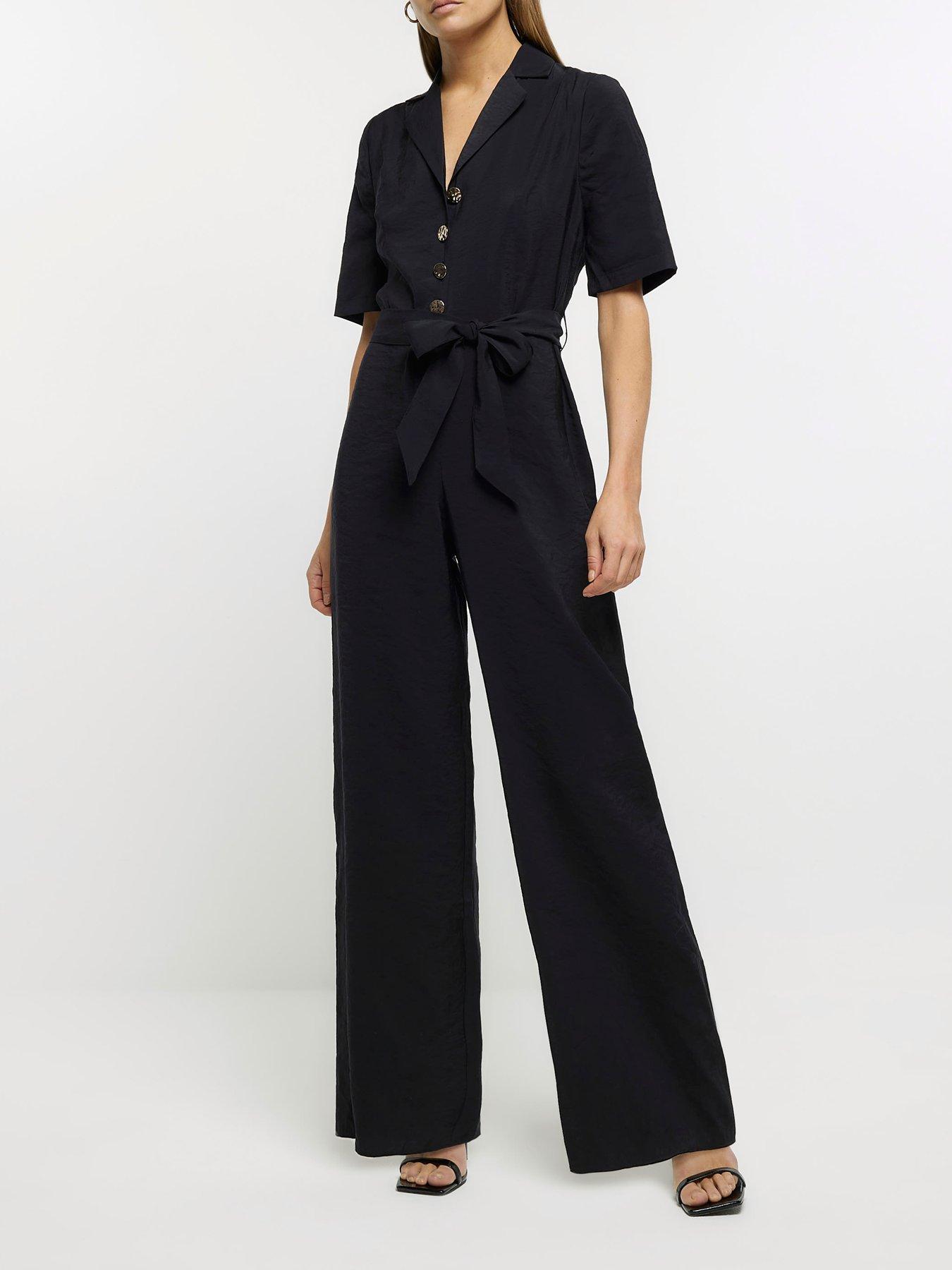 River Island Textured Belted Jumpsuit - Black | very.co.uk