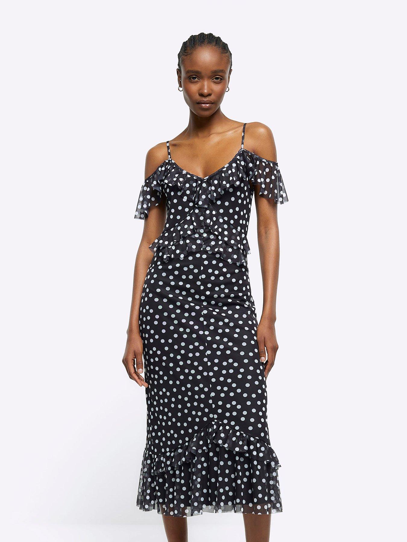 Black polka dot frill dress hotsell