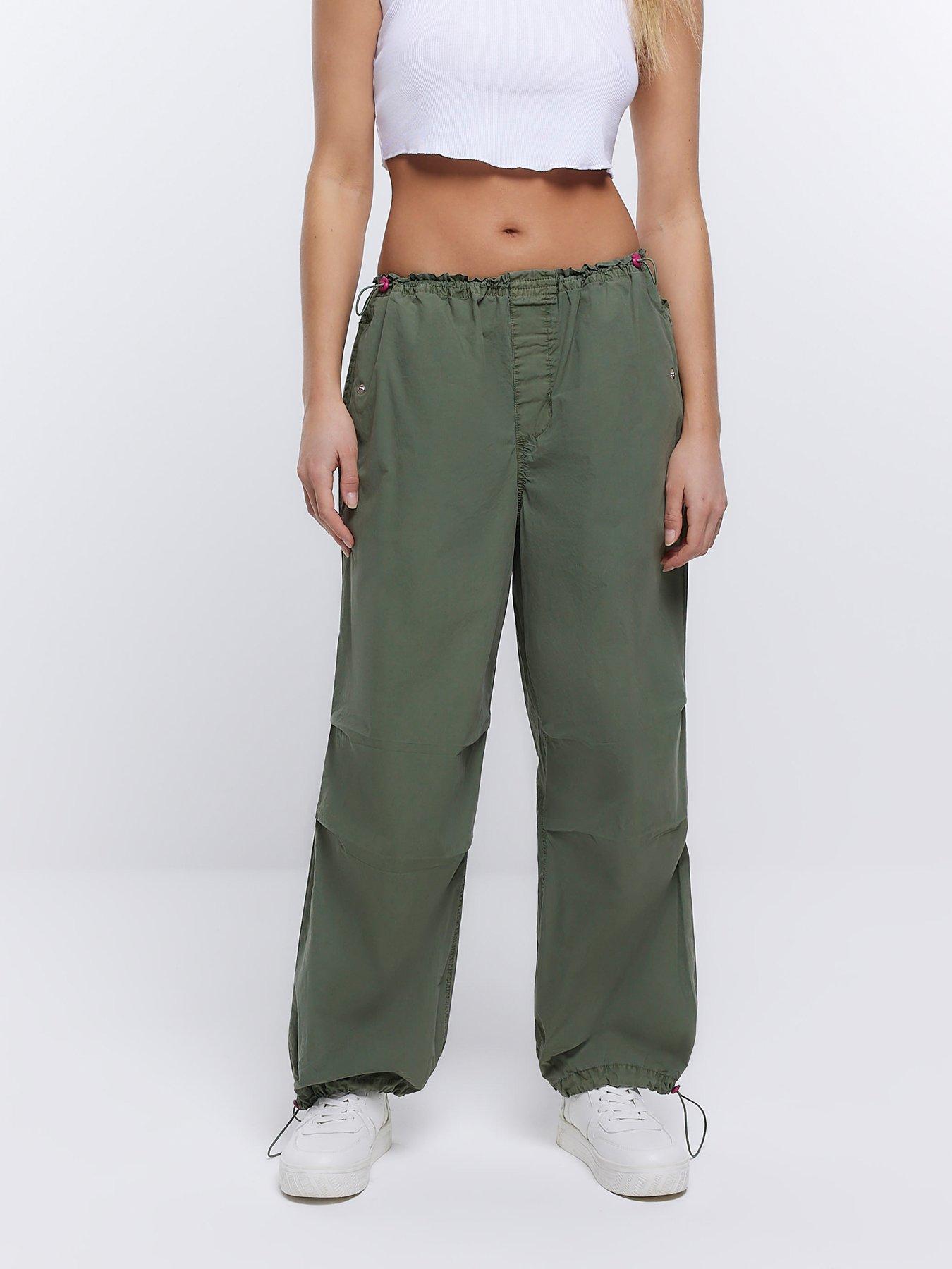 Green High Waist Cargo Parachute Trousers