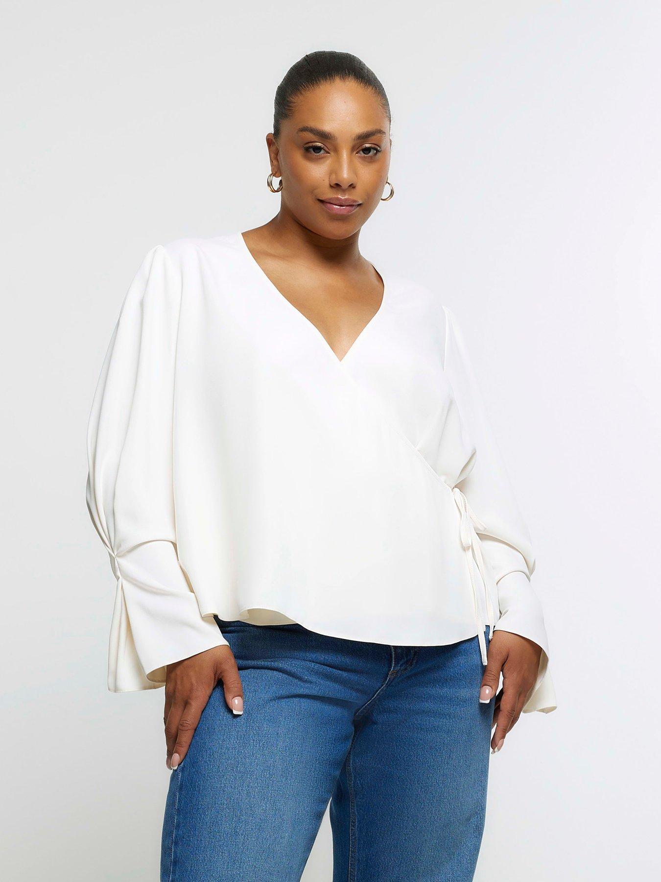 RI Plus Long Sleeve Wrap Blouse - Cream | very.co.uk