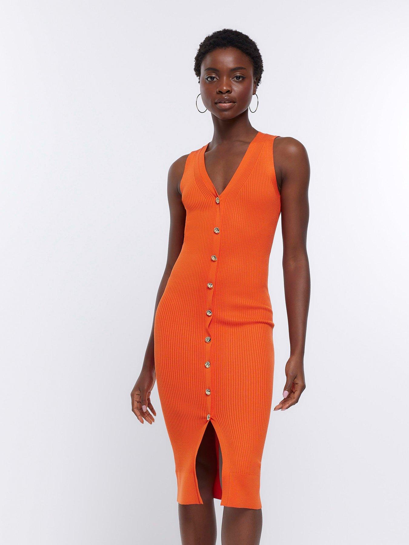 River Island Button Through Rib Dress - Orange