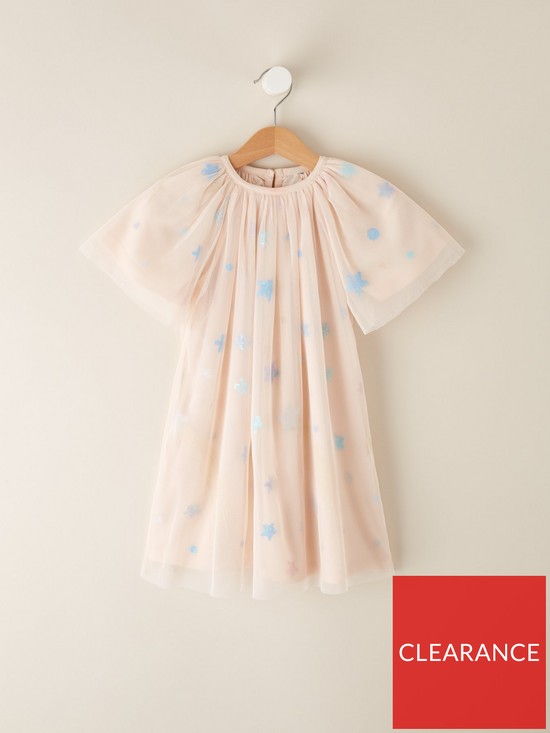 front image of eve-and-milo-childrens-sequin-star-angel-sleeve-dress-pink