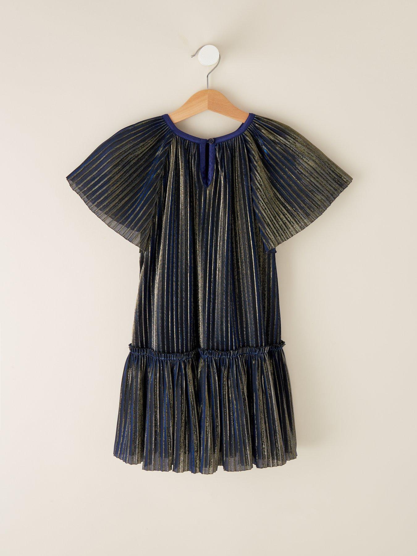 Children s Pleated Lurex Drop Waist Dress Navy