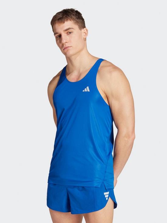 front image of adidas-mens-own-the-run-singlet-running-vest-blue