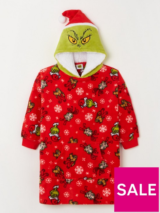 front image of the-grinch-unisex-kids-family-christmas-hooded-blanket-red