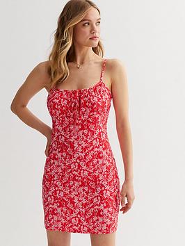 new look red pattern floral vneck milkmaid mini slip dress
