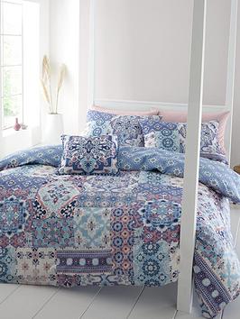 Product photograph of Catherine Lansfield Boho Patchwork Duvet Cover Set - Blue from very.co.uk