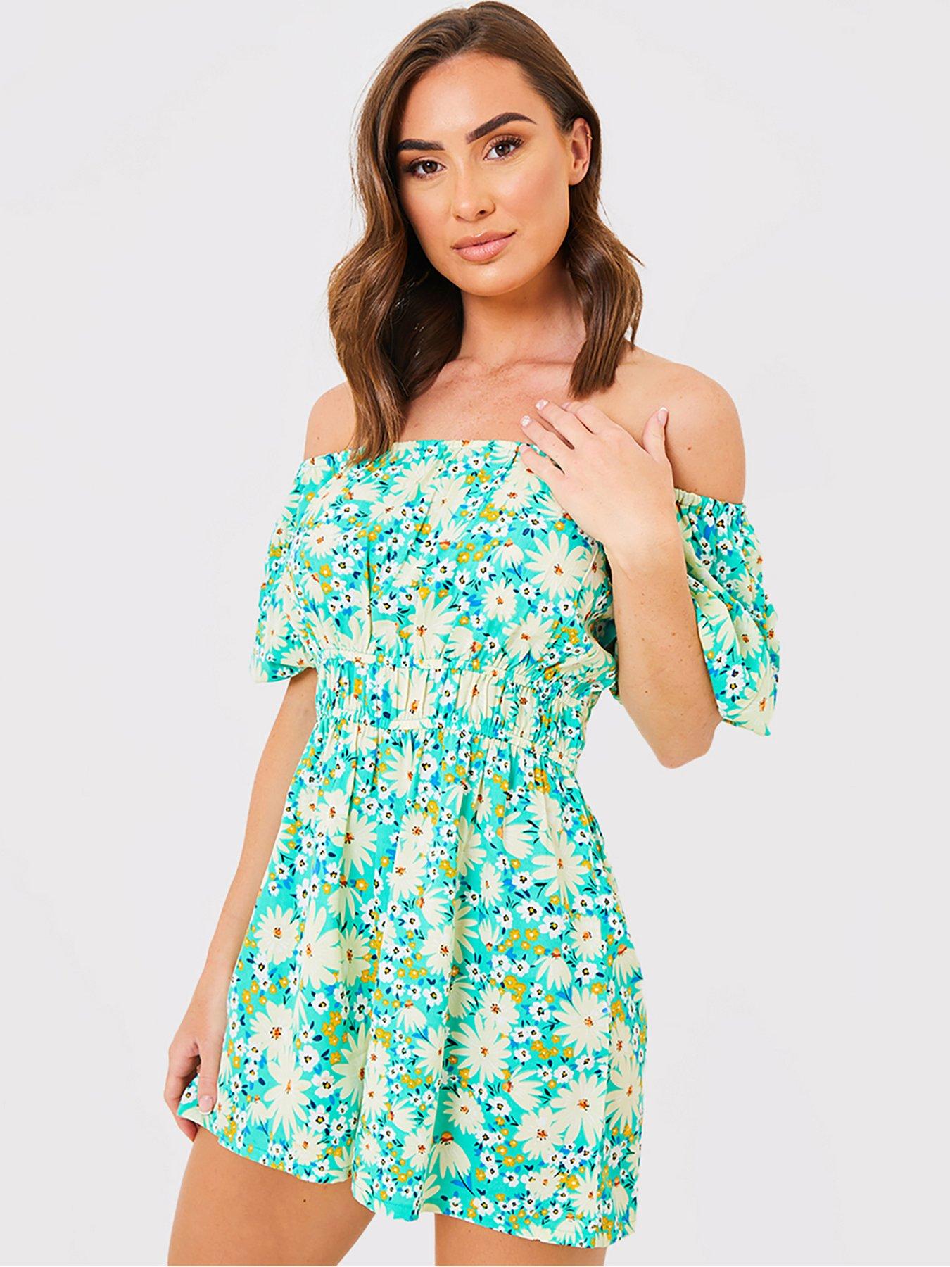 In The Style Jac Jossa Floral Print Ruched Bust Tie Front Puff Sleeve Playsuit With Shirred 7446