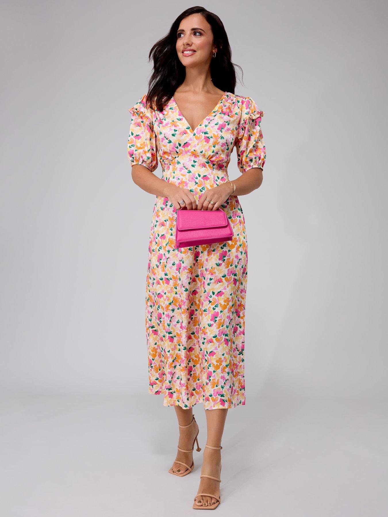 Lucy Mecklenburgh x V by Very Printed Satin Short Sleeve Midi Dress - Multi