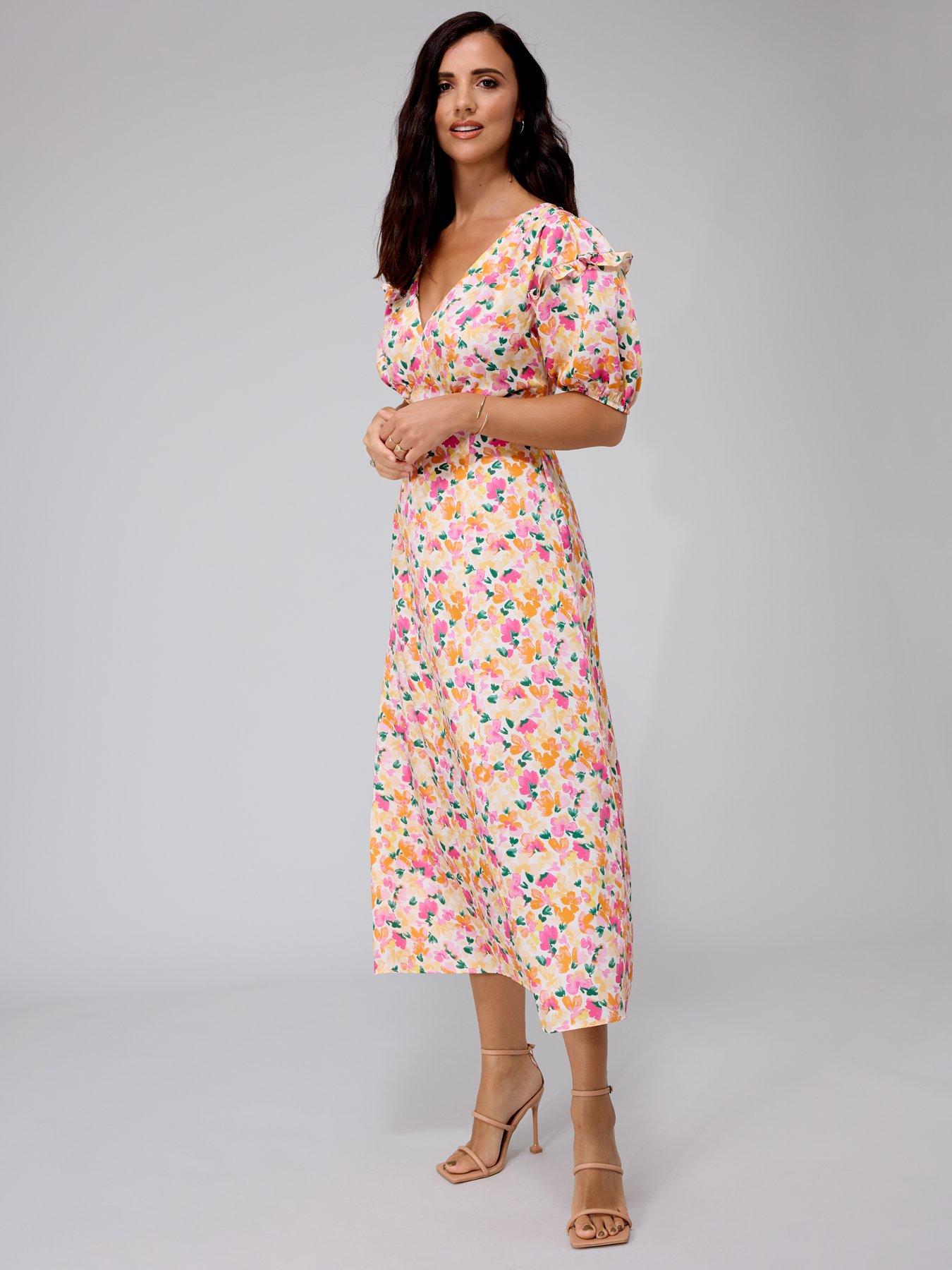 Lucy Mecklenburgh x V by Very Printed Satin Short Sleeve Midi Dress - Multi