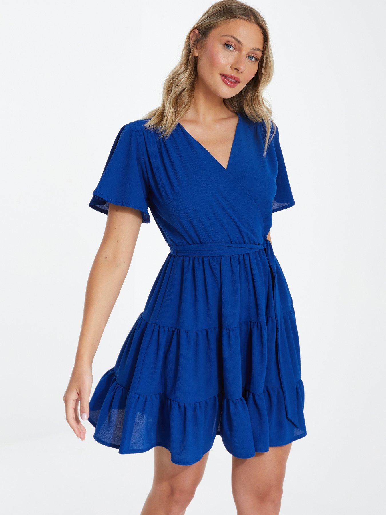 Image 1 of 6 of Quiz Wrap Skater Dress - Bright Blue