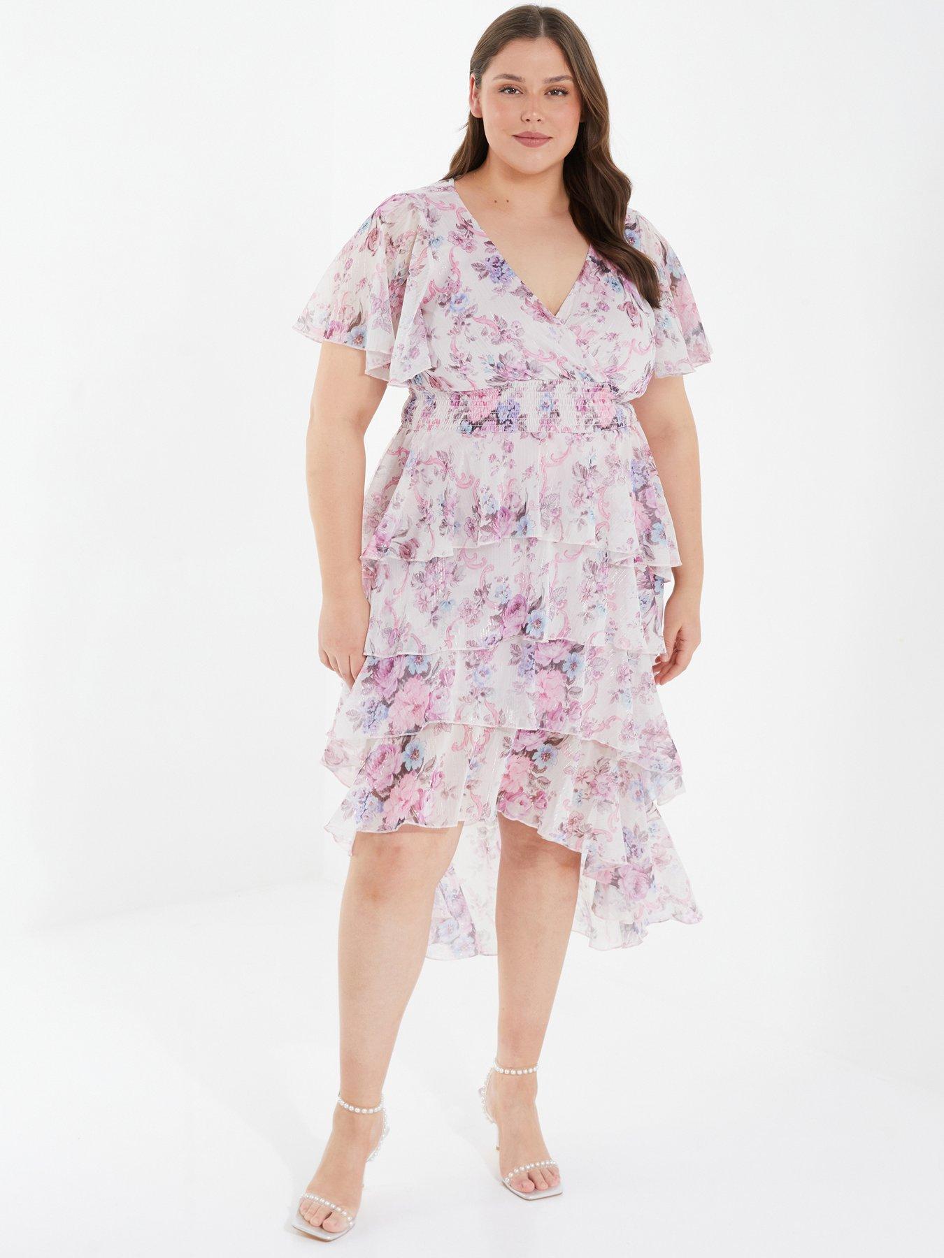 Quiz pink floral wrap dip cheap hem dress