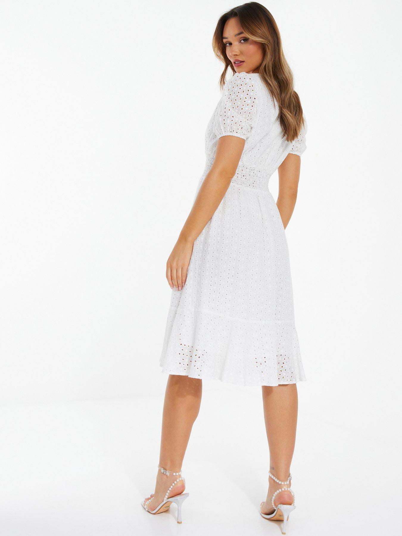 Quiz Broderie Shirred Midi Dress - White