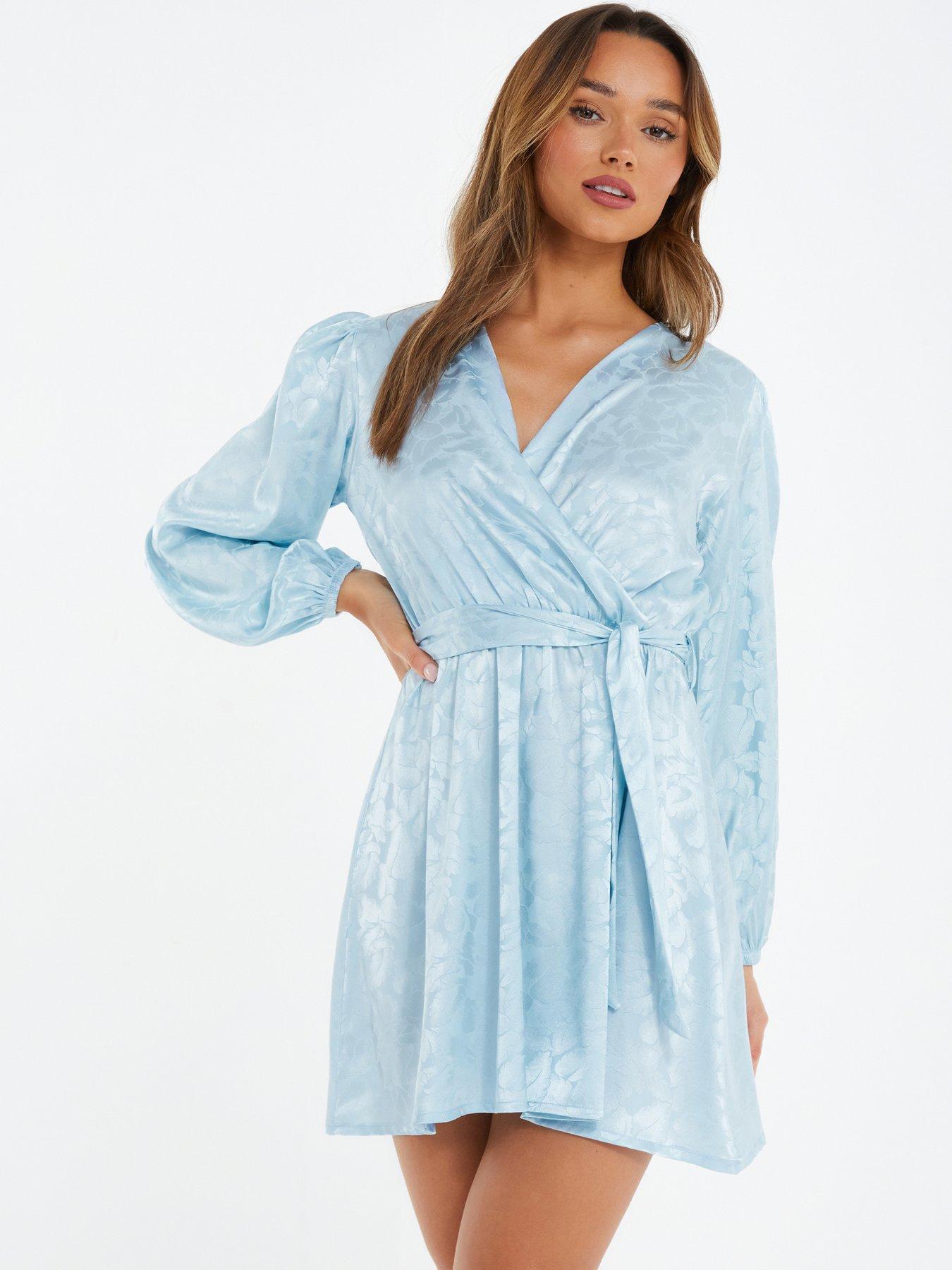 Satin Jacquard Wrap Mini Dress Light Blue