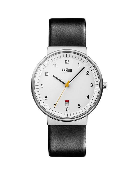 front image of braun-gents-qa-stainless-steel-case-white-dial-black-leather-strap-watch