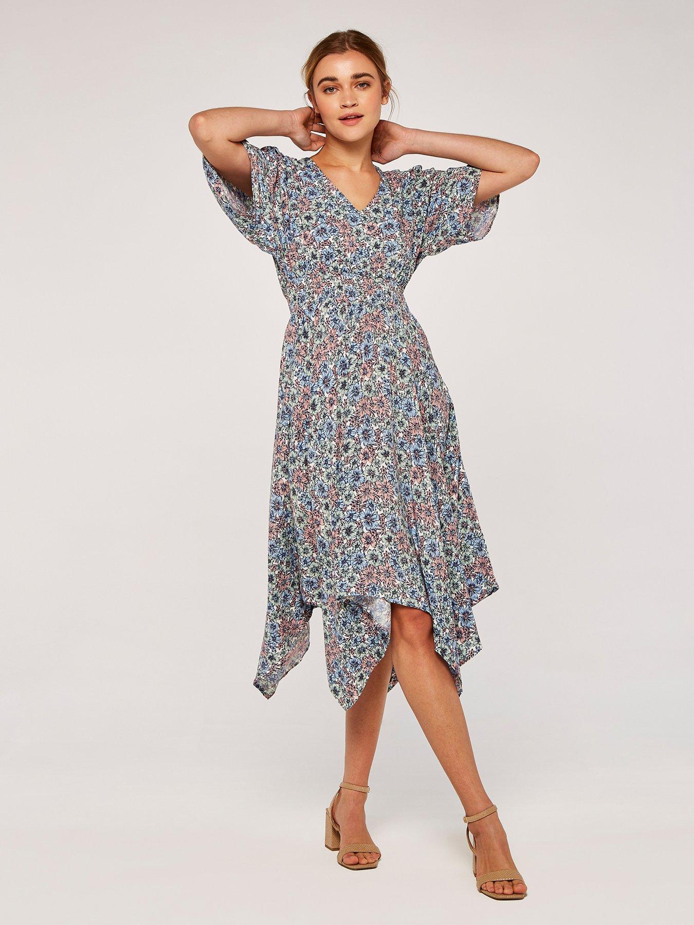 Apricot Floral Smock Hanky Hem Dress