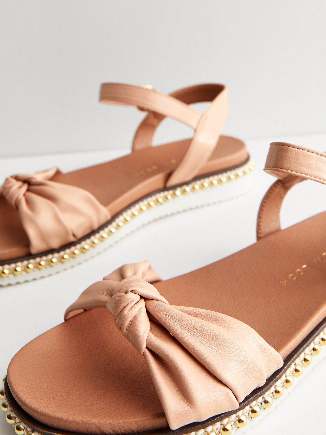 Wide Fit Pale Pink Leather-Look Beaded Footbed Sandals