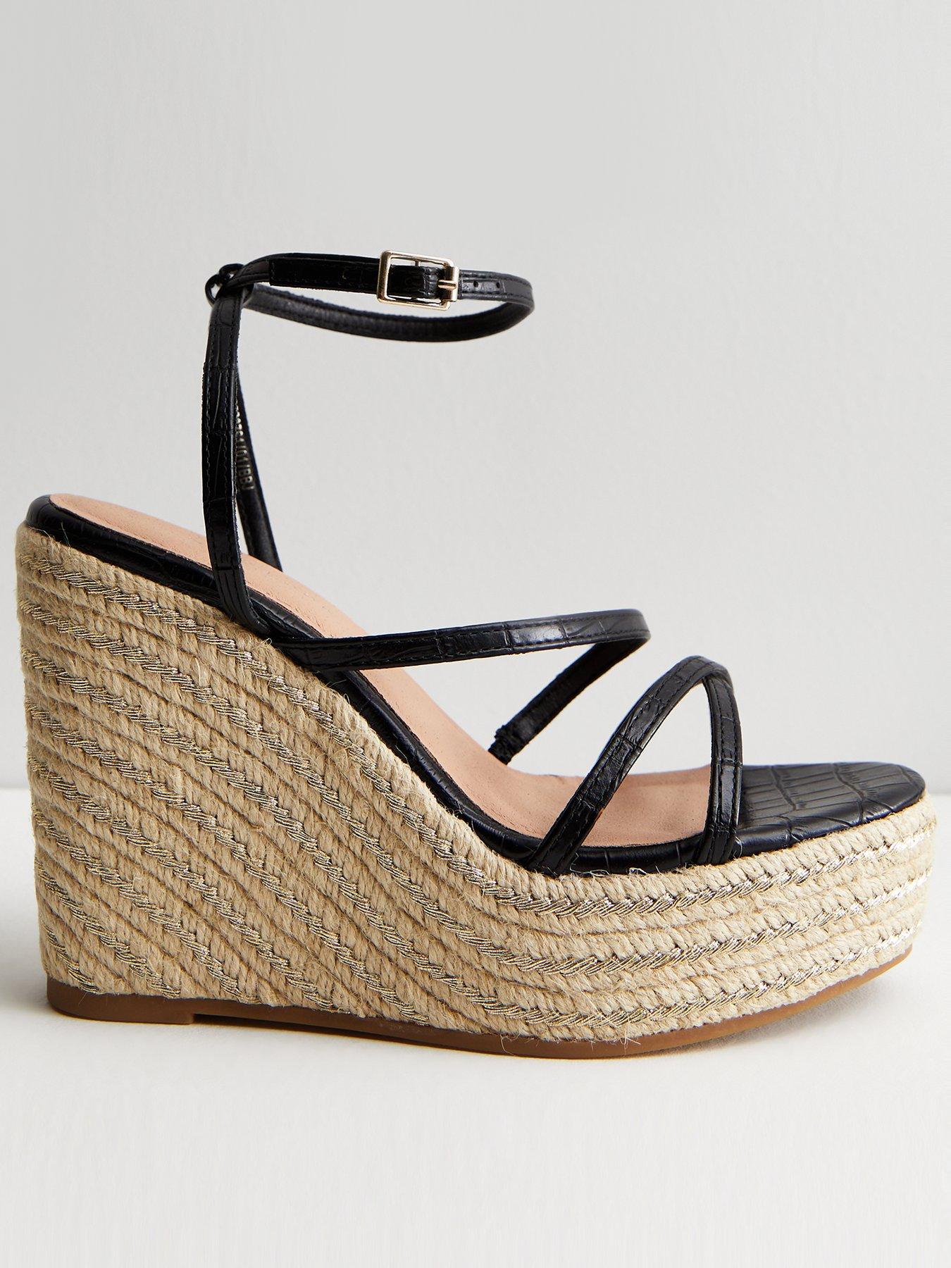 Tan Leather-Look Espadrille Trim Wedge Heel Sandals