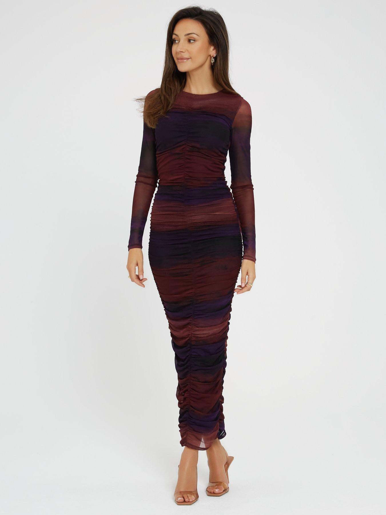 Michelle Keegan Printed Mesh Ruched Midi Dress - Multi