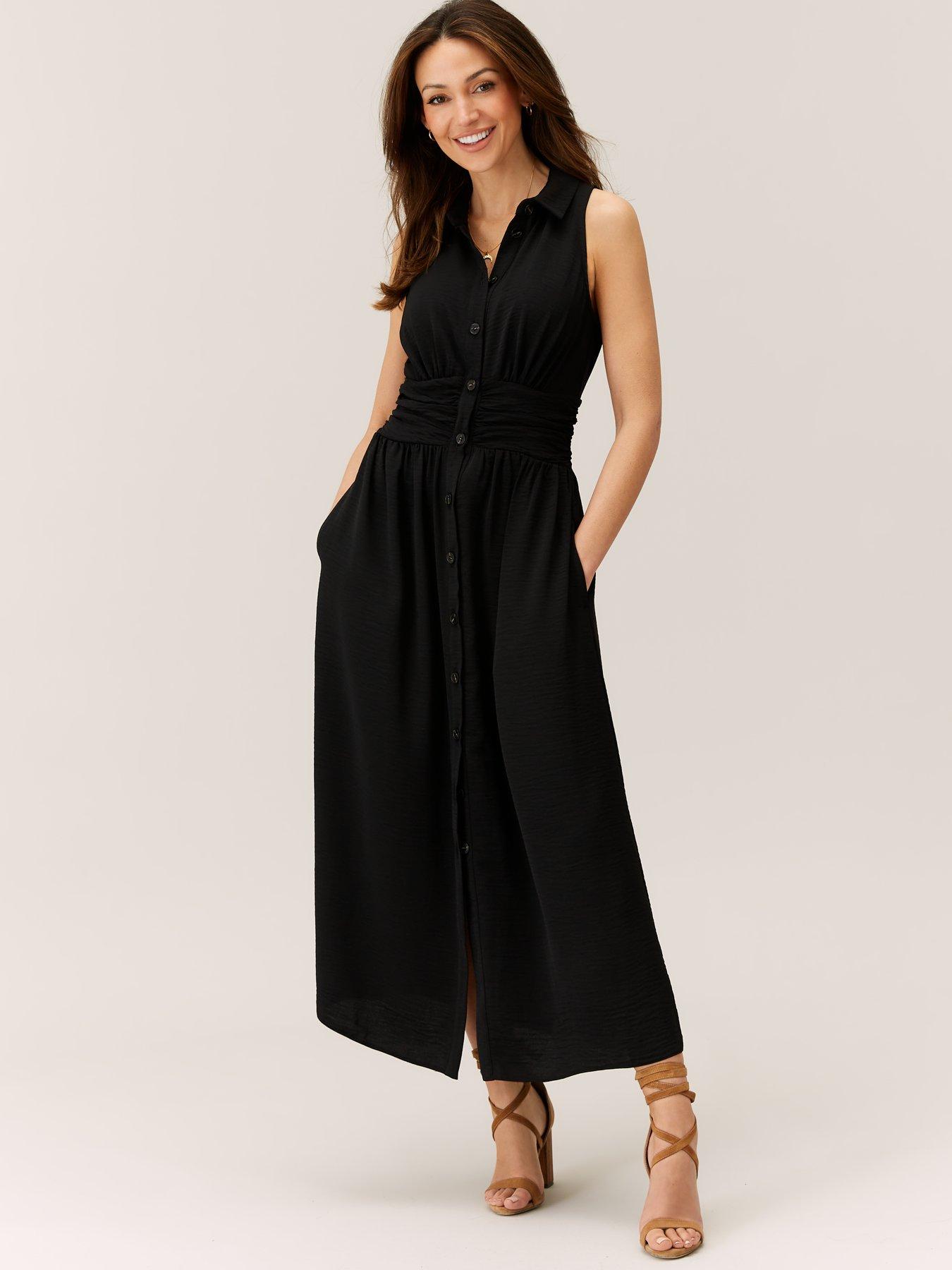 Michelle Keegan Ruched Waist Midi Dress - Black