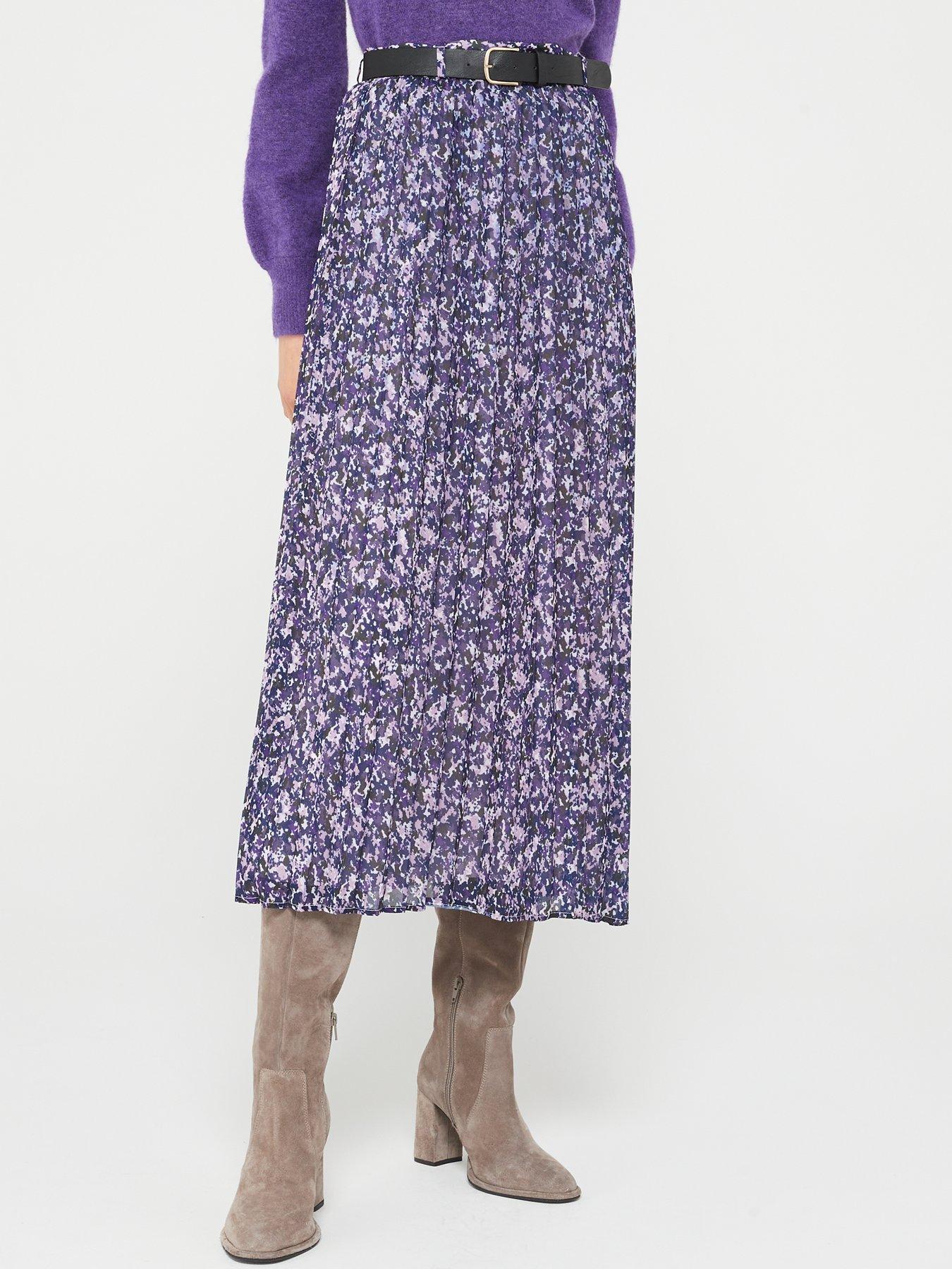 Fig & Basil Belted Georgette Pleated Midaxi Skirt - Purple | Very.co.uk