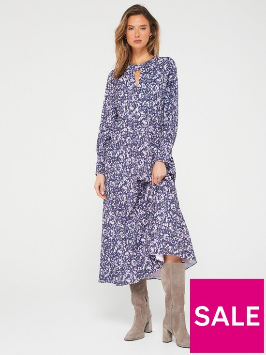 front image of fig-basil-printed-knot-neck-midaxi-dress-multi