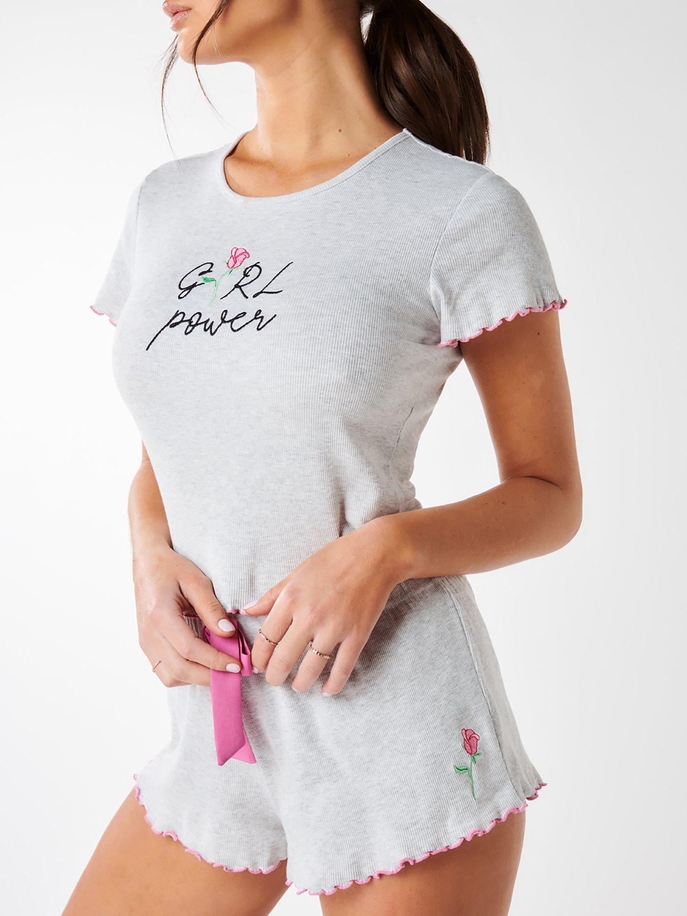 Boux Avenue Boux Avenue Girl Power Rib Tee & Short Grey Marl Mix