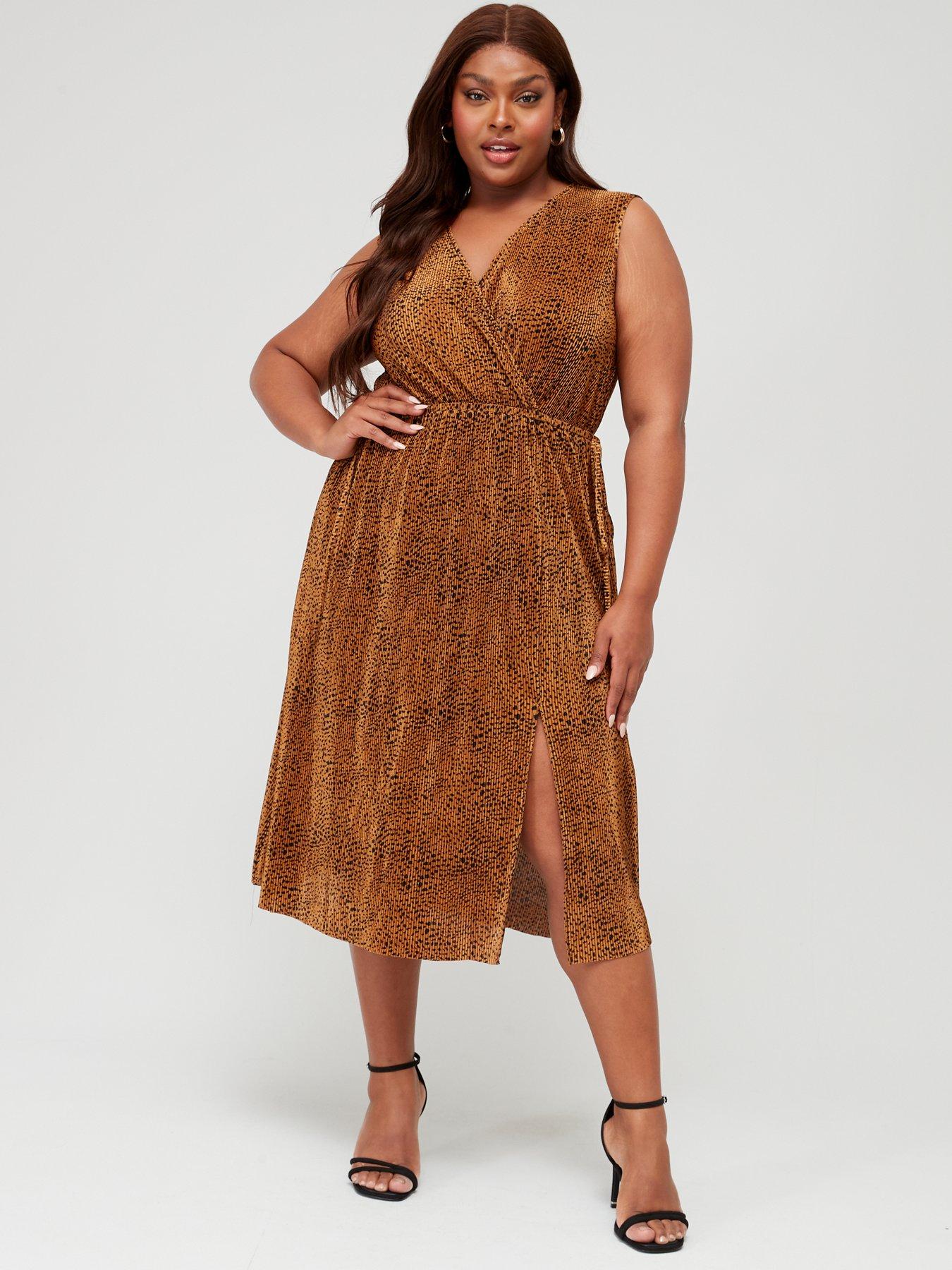 V by Very Curve Printed Plisse Sleeveless Tie Waist Midi Dress Brown Very