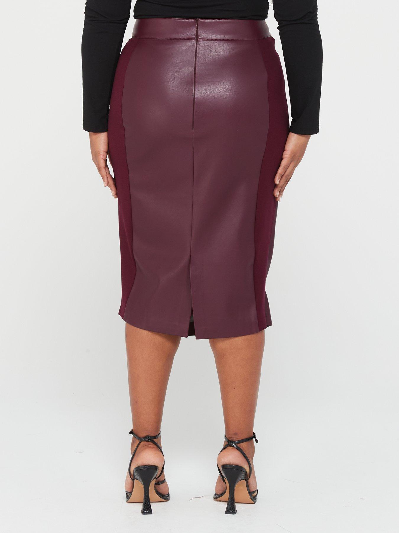 V by Very Curve Faux Leather Wrap Detail Midi Skirt - Brown