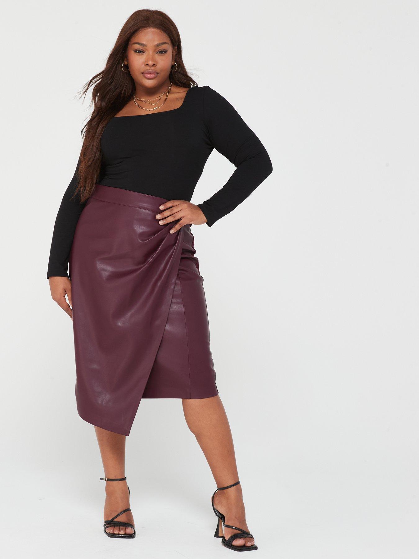 V by Very Curve Faux Leather Wrap Detail Midi Skirt Brown