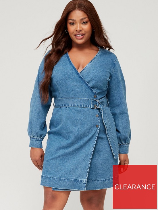 front image of v-by-very-curve-wrap-detail-denim-mini-dress-mid-wash