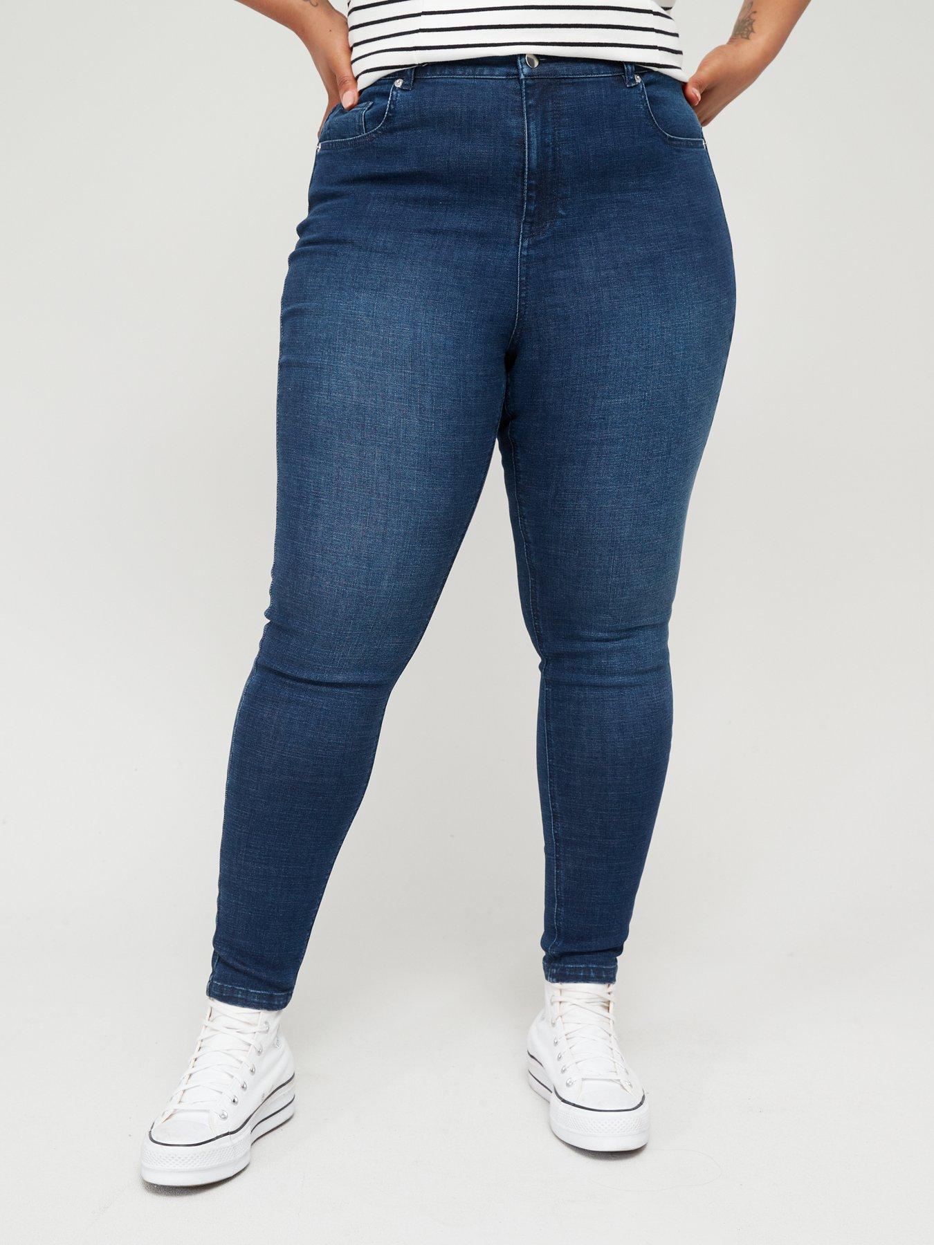 Super High Waisted Stretchy Skinny Jeans in Navy Blue Denim at