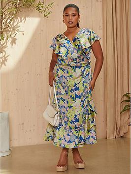 Chi Chi London Curve Plus Size V Neck Floral Wrap Midi Dress In Multi
