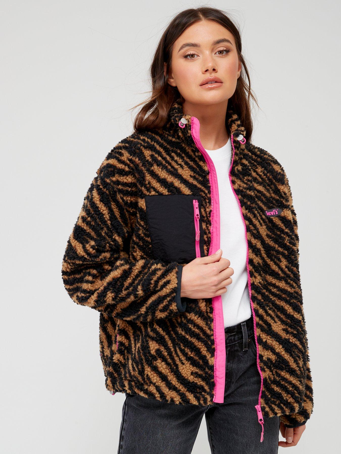Levi's Zip thru sherpa jacket in leopard print with logo
