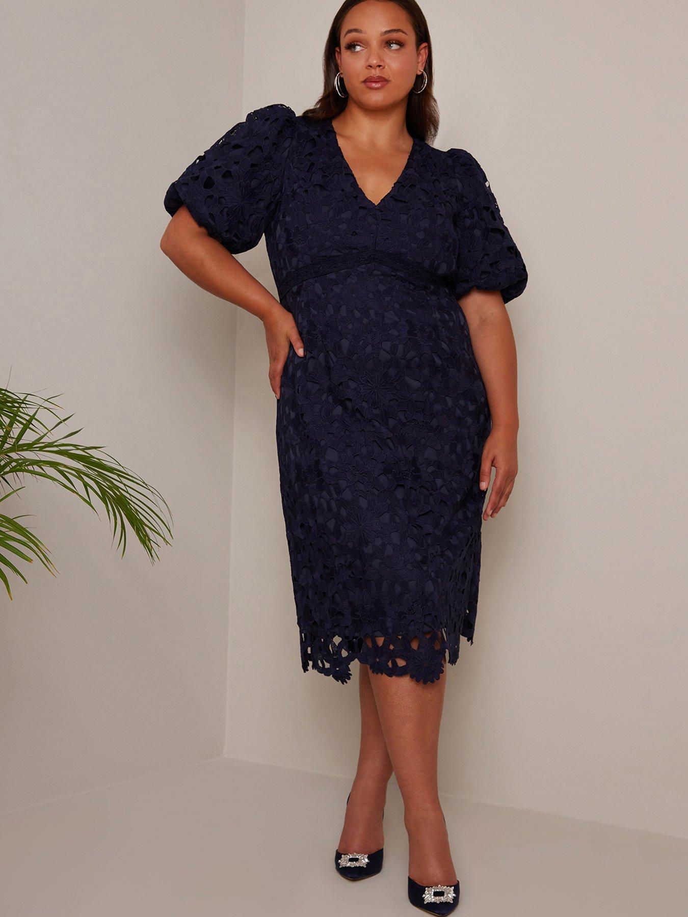 Chi Chi London Curve Chi Chi Curve Embroidered Mesh Skirt Dip Hem Dress In  Navy