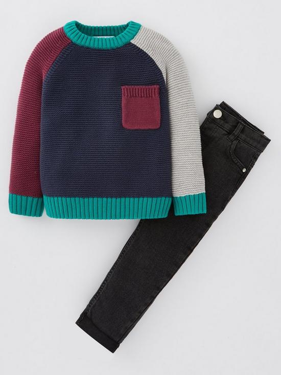front image of mini-v-by-very-boys-colour-block-knitted-jumper-and-jeans-multi