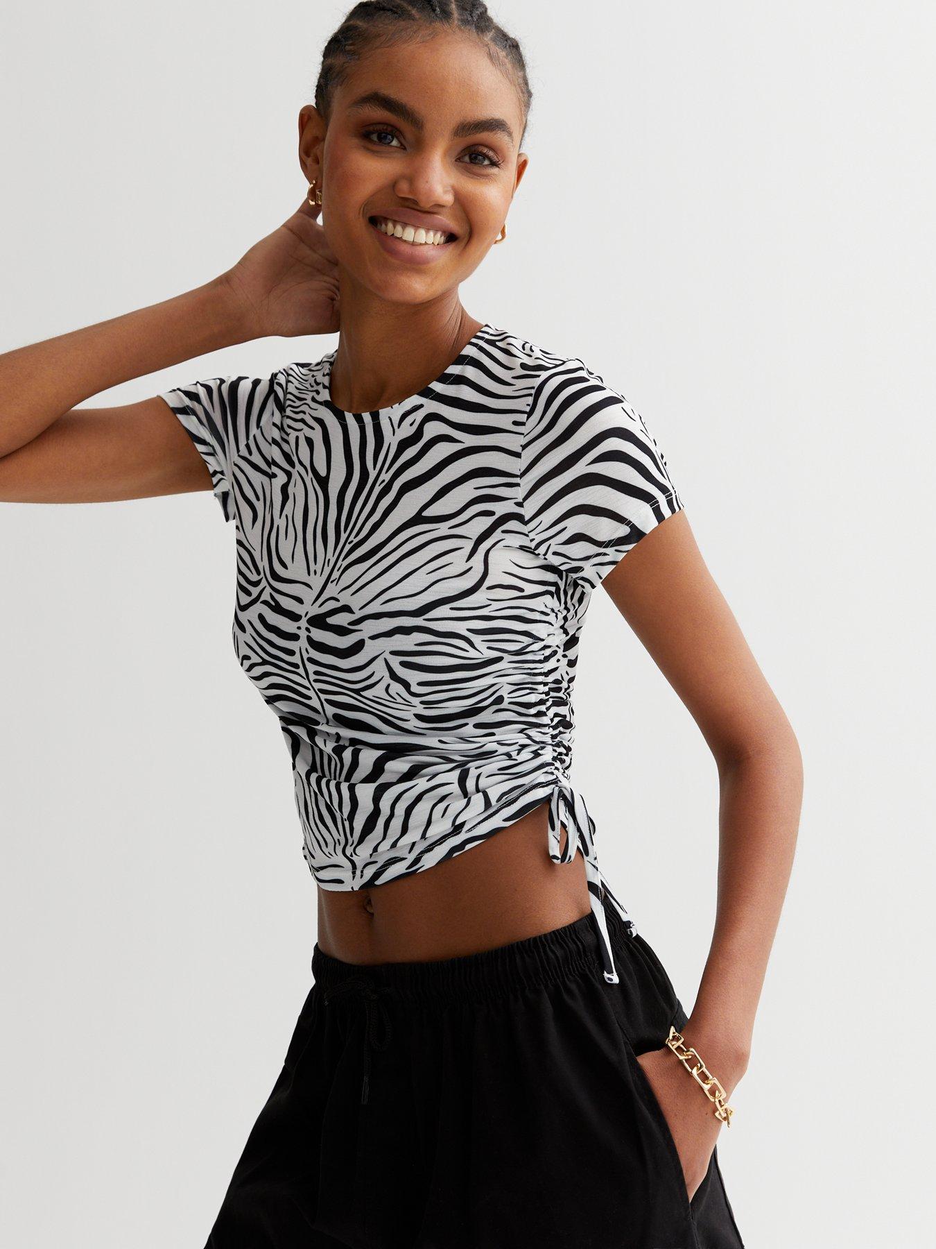 Zebra Mesh Ruched Side Crop T Shirt Print